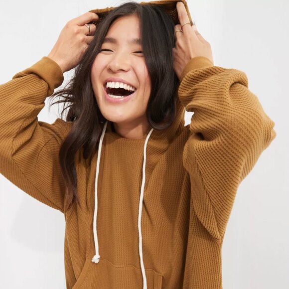 aerie Tops - Aerie Cozy Waffle Hoodie Women's Large Tree Line Brown Oversized Boxy Winter